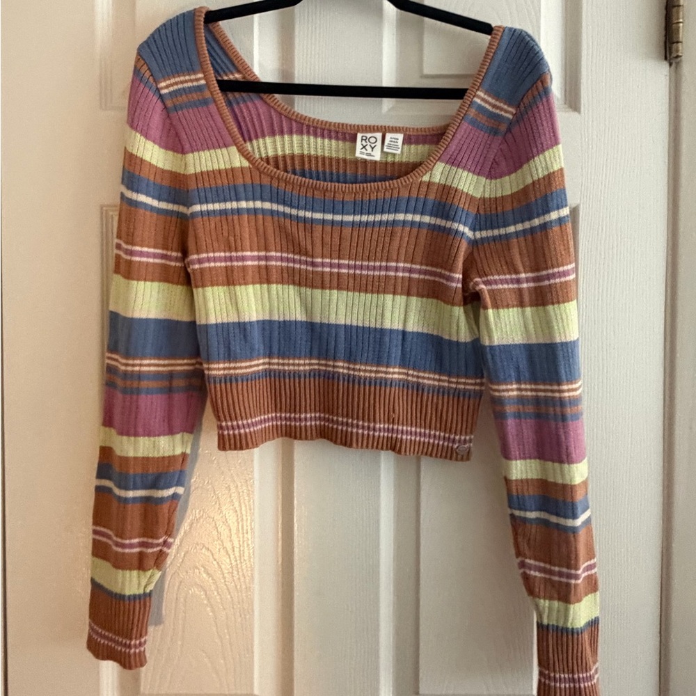 Roxy Multicolor Striped Ribbed Scoop-Neck Crop Top